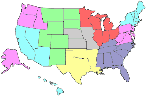 map of us with states. listing of states.